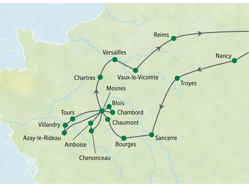 Routenkarte der Studiosus-Studienreise an die Loire und durch die Ile-de-France: von Nancy über das Loiretal mit Tours, Blois und Versailles nach Reims.