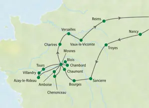 Routenkarte der Studiosus-Studienreise an die Loire und durch die Ile-de-France: von Nancy über das Loiretal mit Tours, Blois und Versailles nach Reims.