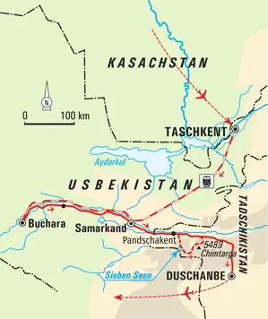 Karte der Trekkingreise in Usbekistan und Tadschikistan. Die Route führt von Taschkent über Buchara und Samarkand ins Fan-Gebirge nach Duschanbe.
