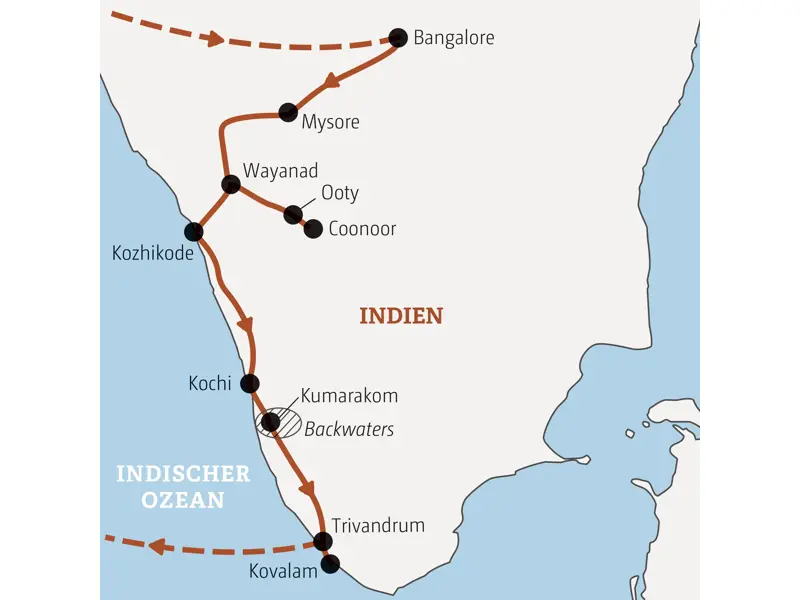 Karte der geführten Rundreise in Südindien: von Bangalore über Mysore, Kochi und die Backwaters bis Kovalam am Indischen Ozean.