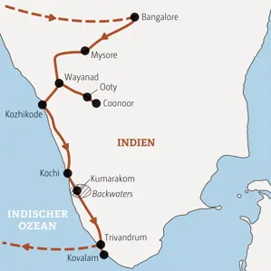 Karte der geführten Rundreise in Südindien: von Bangalore über Mysore, Kochi und die Backwaters bis Kovalam am Indischen Ozean.