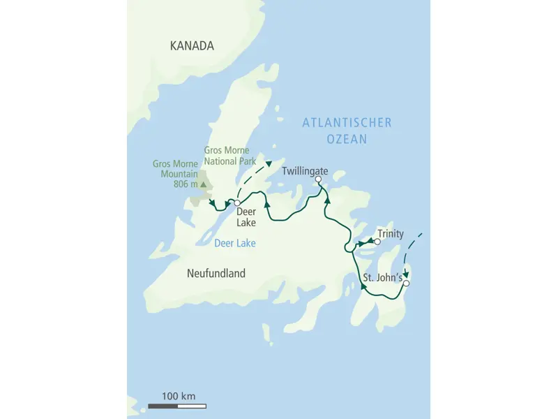 Landkarte der Hauser Wanderreise in Neufundland. Die Route führt von St. John’s über Trinity und Twillingate zum Gros-Morne-Nationalpark.