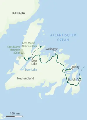 Landkarte der Hauser Wanderreise in Neufundland. Die Route führt von St. John’s über Trinity und Twillingate zum Gros-Morne-Nationalpark.