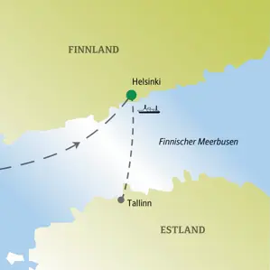 Karte der Singlereise: Der Urlaub für Singles und Alleinreisende führt von Helsinki in Finnland per Fähre nach Tallinn in Estland.