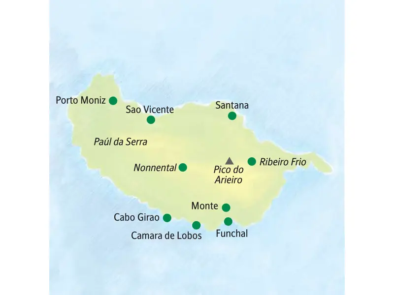 Übersichtskarte der Studiosus Studienreise auf Madeira mit den wichtigsten Zielen wie Funchal, Pico do Arieiro und Porto Moniz.
