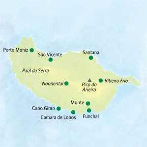 Übersichtskarte der Studiosus Studienreise auf Madeira mit den wichtigsten Zielen wie Funchal, Pico do Arieiro und Porto Moniz.