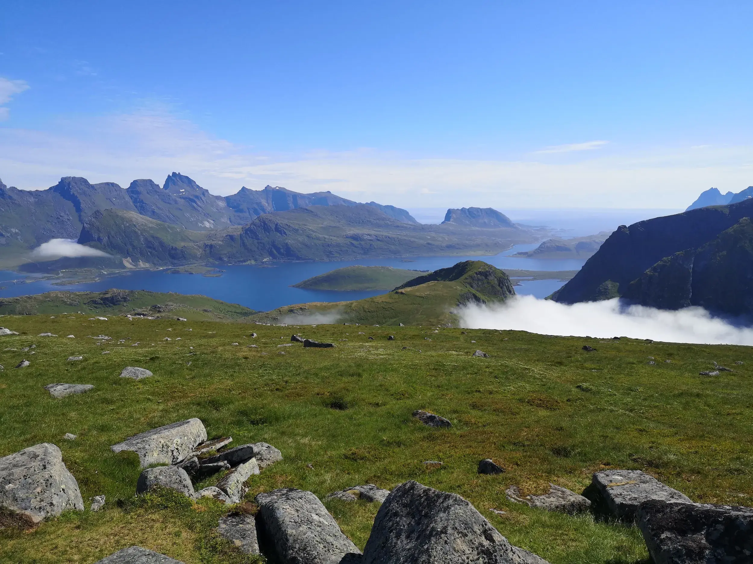 Panoramablick von einem grünen Berghang mit Felsen auf die zerklüftete Fjordlandschaft der Lofoten in Nord-Norwegen.