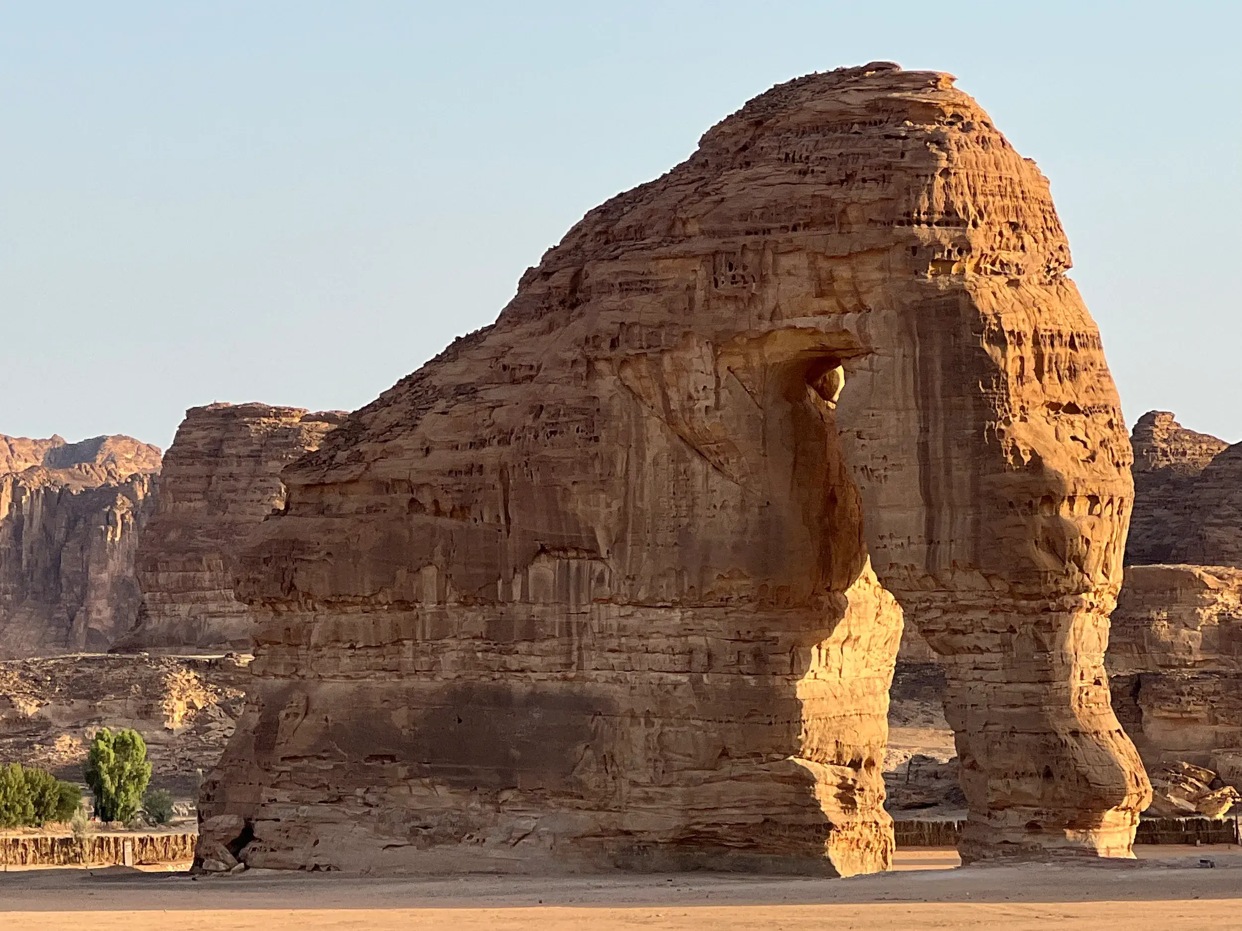 Der imposante Elefantenfelsen, Jabal AlFil, steht bei warmem Licht in der Wüstenlandschaft von Al Ula in Saudi-Arabien.