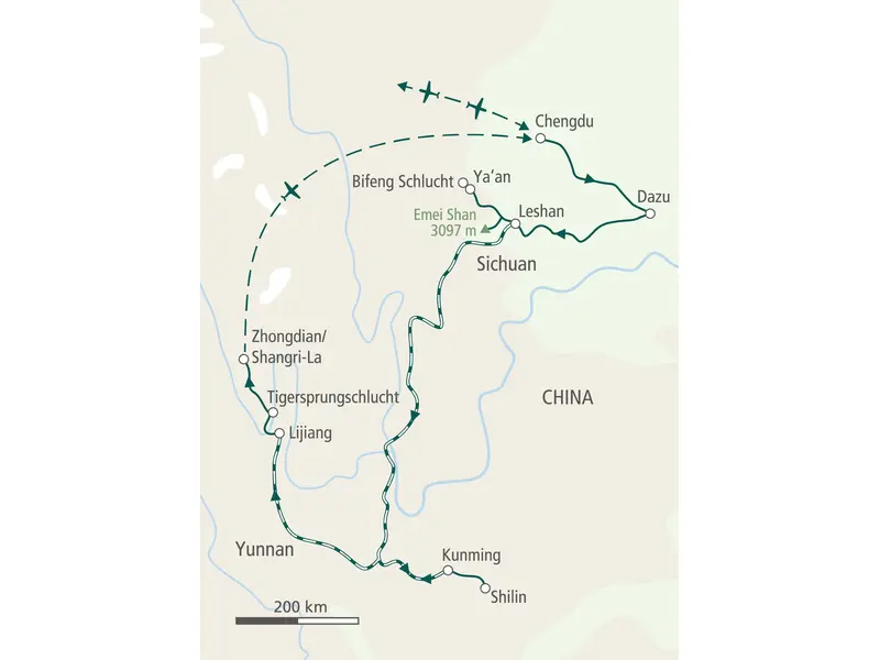Karte der Hauser Wanderreise in China: Die Route führt von Chengdu über Leshan, Lijiang und die Tigersprungschlucht nach Shangri-La.