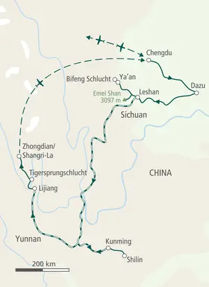 Karte der Hauser Wanderreise in China: Die Route führt von Chengdu über Leshan, Lijiang und die Tigersprungschlucht nach Shangri-La.