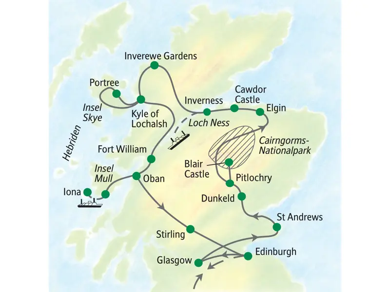 Routenverlauf der Studiosus Studienreise durch Schottland: von Glasgow über die Highlands und die Insel Skye nach Edinburgh.