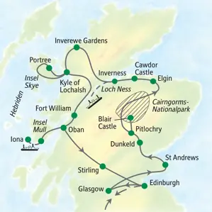 Routenverlauf der Studiosus Studienreise durch Schottland: von Glasgow über die Highlands und die Insel Skye nach Edinburgh.