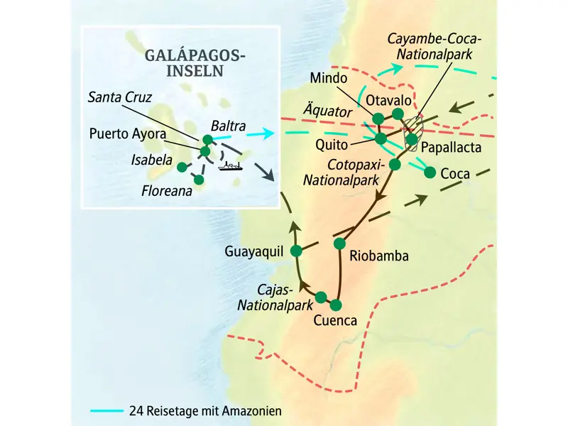 Route der geführten Rundreise in Ecuador: Von Quito über den Cotopaxi-NP und Cuenca zu den Galápagos-Inseln und Amazonien.