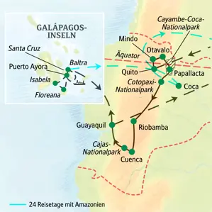Route der geführten Rundreise in Ecuador: Von Quito über den Cotopaxi-NP und Cuenca zu den Galápagos-Inseln und Amazonien.