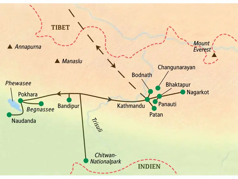 Unsere geführte Rundreise in Nepal führt von Kathmandu über den Chitwan-Nationalpark nach Pokhara und via Bandipur zurück.