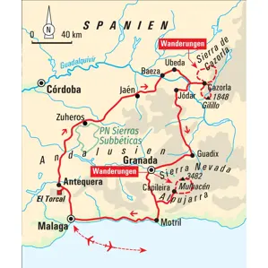Karte der Wanderreise in Andalusien: Route von Malaga über Cazorla, Granada und Capileira in der Sierra Nevada.