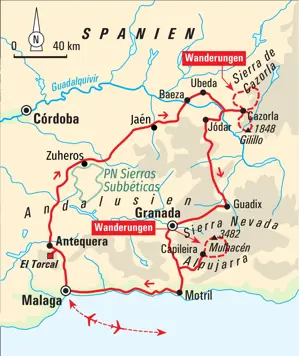 Karte der Wanderreise in Andalusien: Route von Malaga über Cazorla, Granada und Capileira in der Sierra Nevada.