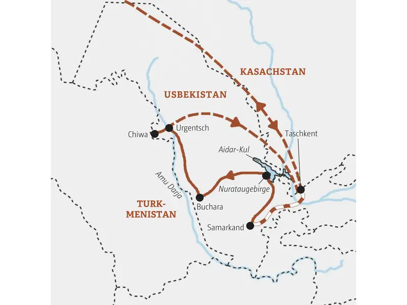 Karte der Marco Polo Kleingruppenreise in Usbekistan. Die Route führt von Taschkent über Samarkand, Buchara und Chiwa zurück nach Taschkent.