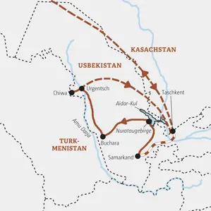 Karte der Marco Polo Kleingruppenreise in Usbekistan. Die Route führt von Taschkent über Samarkand, Buchara und Chiwa zurück nach Taschkent.