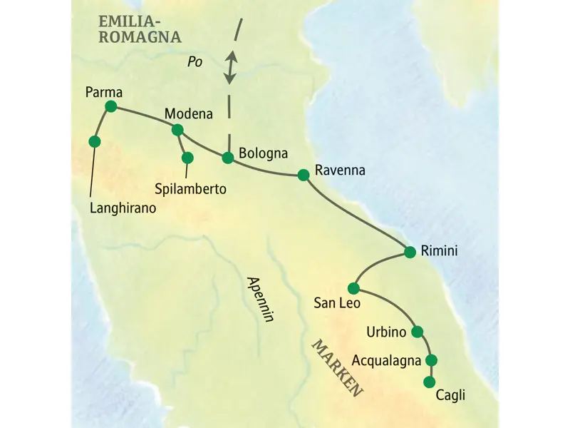 Route der Studienreise in der Emilia-Romagna und den Marken, die von Bologna über Parma, Ravenna, Rimini und Urbino führt.