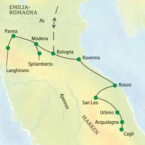 Route der Studienreise in der Emilia-Romagna und den Marken, die von Bologna über Parma, Ravenna, Rimini und Urbino führt.