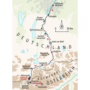 Landkarte der Hauser Isar-Trekkingreise von München nach Scharnitz, die durch das Karwendelgebirge und Orte wie Mittenwald führt.