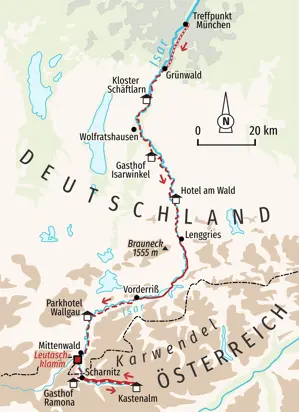 Landkarte der Hauser Isar-Trekkingreise von München nach Scharnitz, die durch das Karwendelgebirge und Orte wie Mittenwald führt.