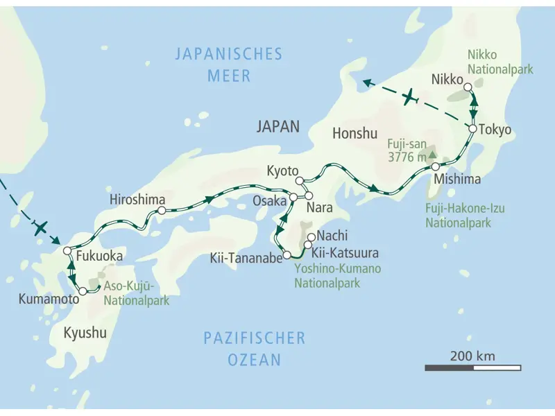 Karte der Trekkingreise in Japan, die von Fukuoka auf Kyushu über Hiroshima, Kyoto und den Fuji-san bis nach Tokyo führt.