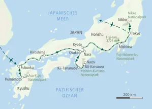 Karte der Trekkingreise in Japan, die von Fukuoka auf Kyushu über Hiroshima, Kyoto und den Fuji-san bis nach Tokyo führt.