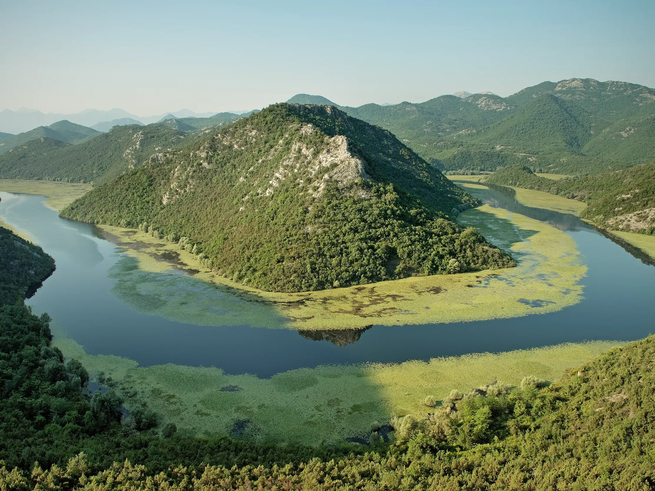 Der Skutarisee in Montenegro aus der Vogelperspektive: eine beeindruckende Flussschleife umgeben von dichten, grünen Wäldern.