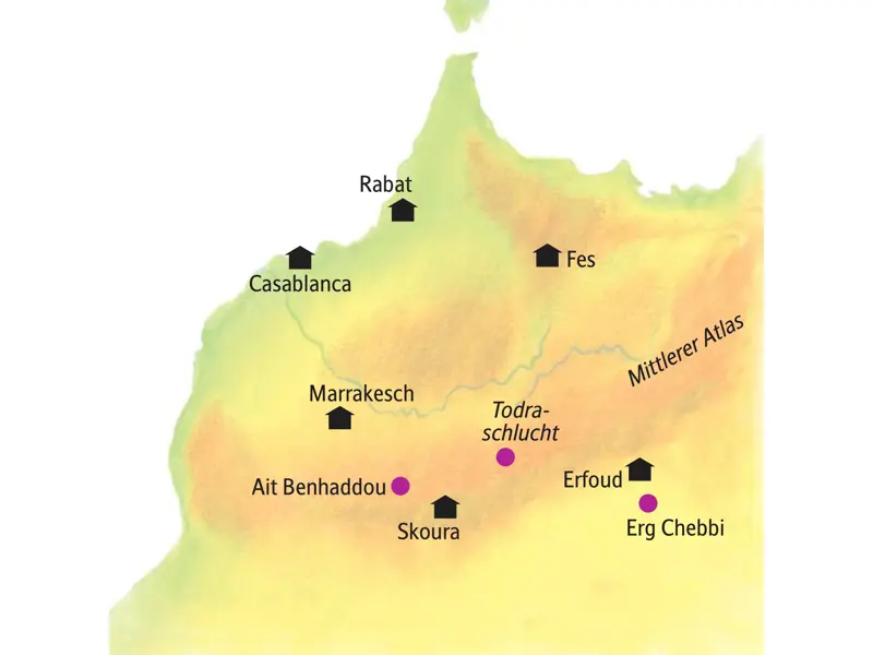 Reiseroute der Kleingruppenreise "smart&small - 1001 kleine Wunder" von Casablanca über die Königsstädte Rabat und Fes bis in die Wüste und nach Marrakesch.