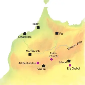Reiseroute der Kleingruppenreise "smart&small - 1001 kleine Wunder" von Casablanca über die Königsstädte Rabat und Fes bis in die Wüste und nach Marrakesch.