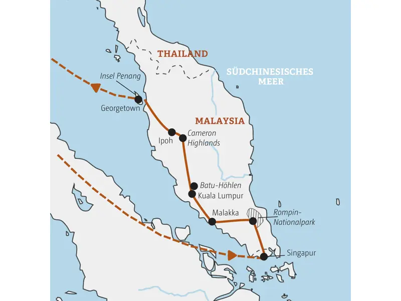 Karte unserer Kleingruppenreise durch Malaysia und Singapur: die Route führt von Singapur über Kuala Lumpur bis zur Insel Penang.