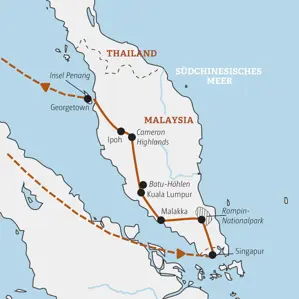 Karte unserer Kleingruppenreise durch Malaysia und Singapur: die Route führt von Singapur über Kuala Lumpur bis zur Insel Penang.