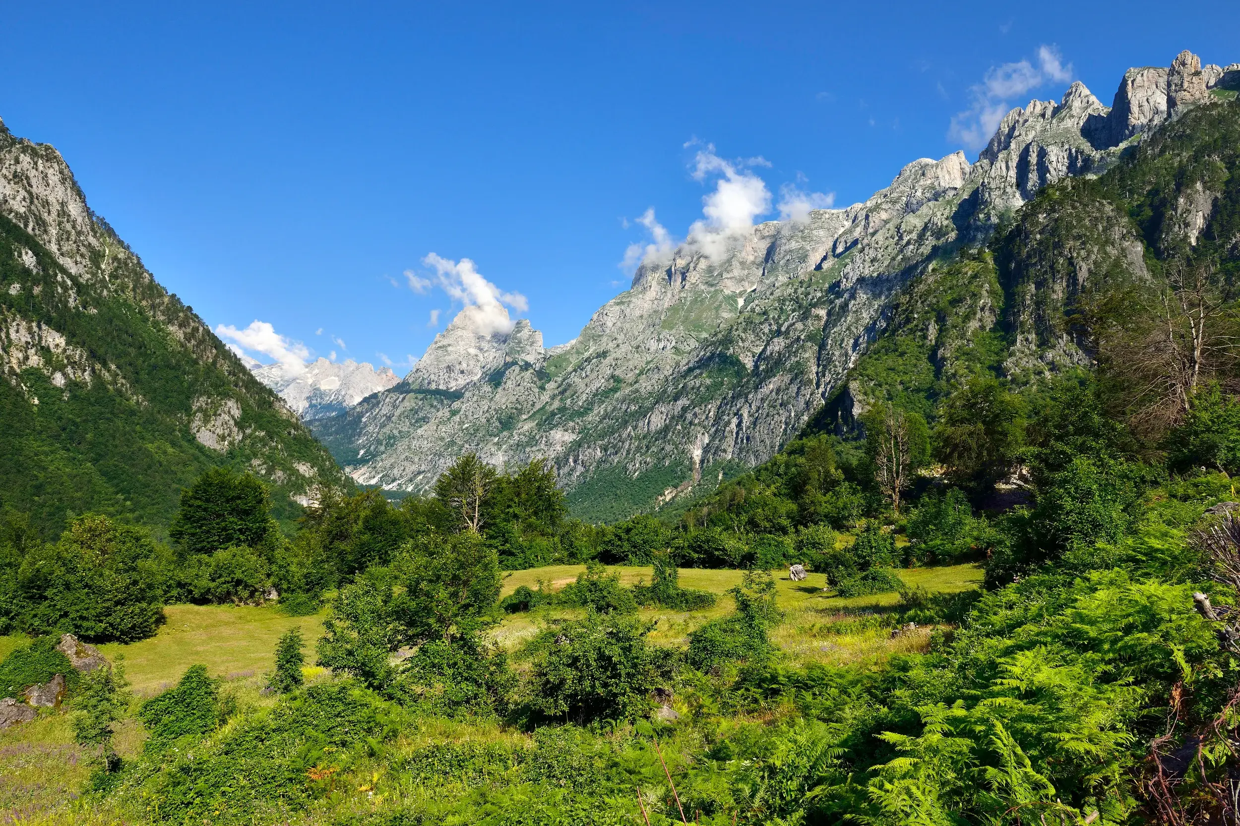 Sonniger Blick in ein einsames Tal in Albanien mit grünen Wiesen und schroffen, zackigen Berggipfeln im Hintergrund.
