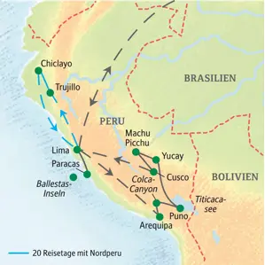 Karte der Studiosus-Studienreise in Peru, die von Lima über Arequipa, Cusco, Machu Picchu und in den Norden nach Trujillo und Chiclayo führt.