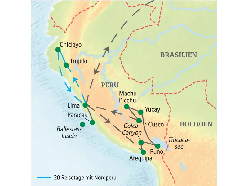 Karte der Studiosus-Studienreise in Peru, die von Lima über Arequipa, Cusco, Machu Picchu und in den Norden nach Trujillo und Chiclayo führt.