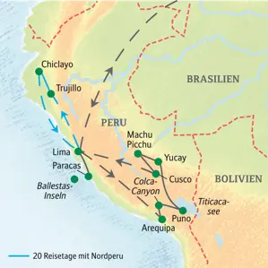 Karte unserer Studienreise in Peru: Die Route führt von Lima über Arequipa, den Titicacasee und Machu Picchu bis nach Nordperu.
