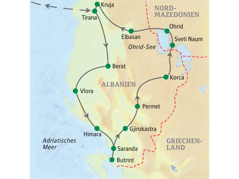 Verlauf der Studiosus Studienreise durch Albanien und Nordmazedonien mit den Stationen Tirana, Berat, Butrint und Ohrid.
