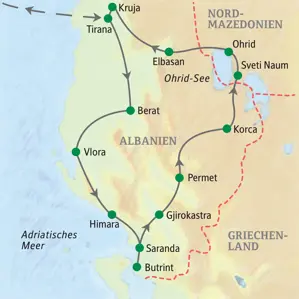 Verlauf der Studiosus Studienreise durch Albanien und Nordmazedonien mit den Stationen Tirana, Berat, Butrint und Ohrid.