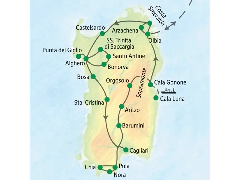 Route der geführten Rundreise auf Sardinien: Die Wanderreise startet in Olbia und führt über Alghero, Cagliari und Cala Gonone.