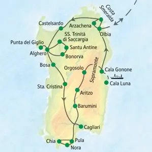 Route der geführten Rundreise auf Sardinien: Die Wanderreise startet in Olbia und führt über Alghero, Cagliari und Cala Gonone.