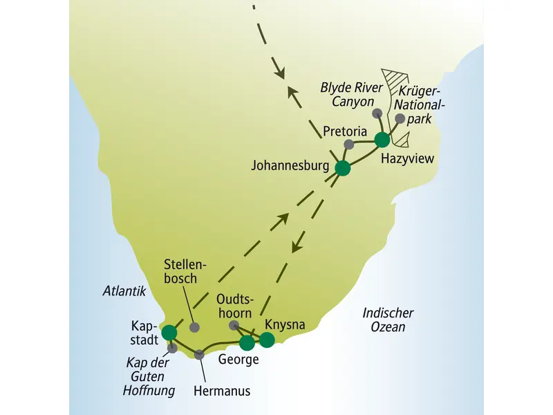 Karte der Singlereise in Südafrika von Johannesburg über den Krügerpark und die Gartenroute bis nach Kapstadt.