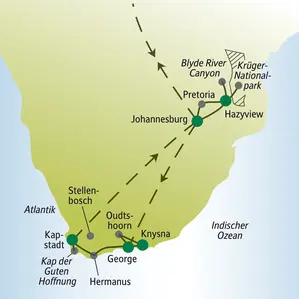 Karte der Singlereise in Südafrika von Johannesburg über den Krügerpark und die Gartenroute bis nach Kapstadt.