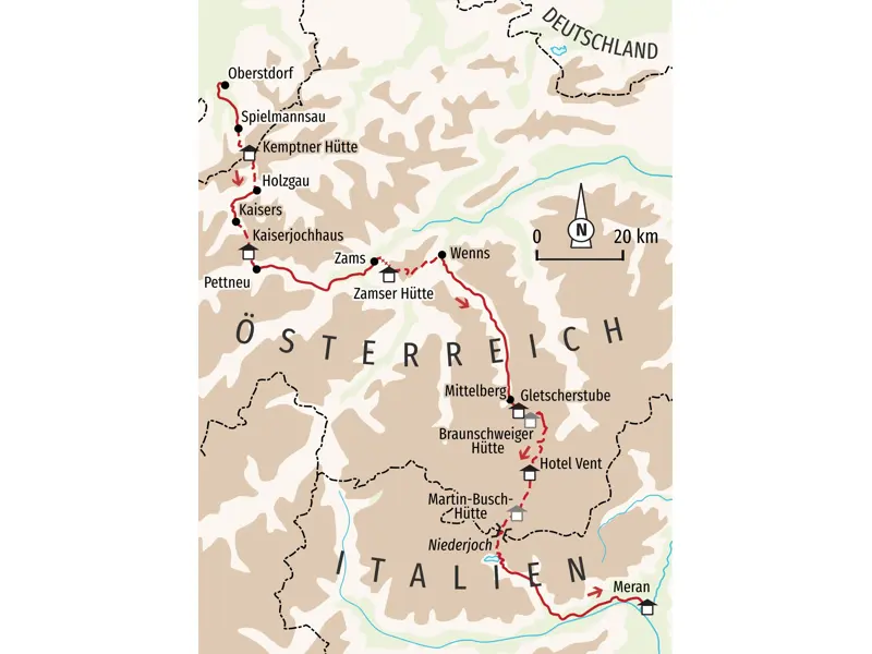 Karte unserer Wanderroute zur Alpenüberquerung von Oberstdorf über die Ötztaler Alpen und das Niederjoch nach Meran in Südtirol.