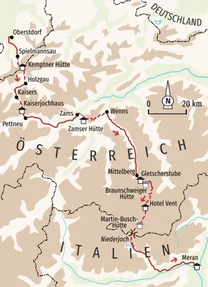 Karte unserer Wanderroute zur Alpenüberquerung von Oberstdorf über die Ötztaler Alpen und das Niederjoch nach Meran in Südtirol.