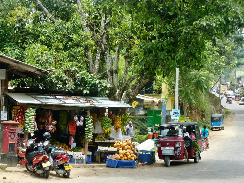 Lebhafte Straßenszene in Sri Lanka mit Einheimischen an einem Obststand und einem roten Tuk-Tuk am Straßenrand.