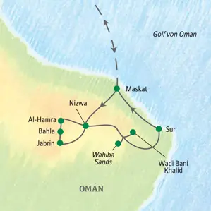Übersichtskarte der Studiosus-Studienreise im Oman mit der Route von Maskat über Nizwa, Wahiba Sands und die Küstenstadt Sur.