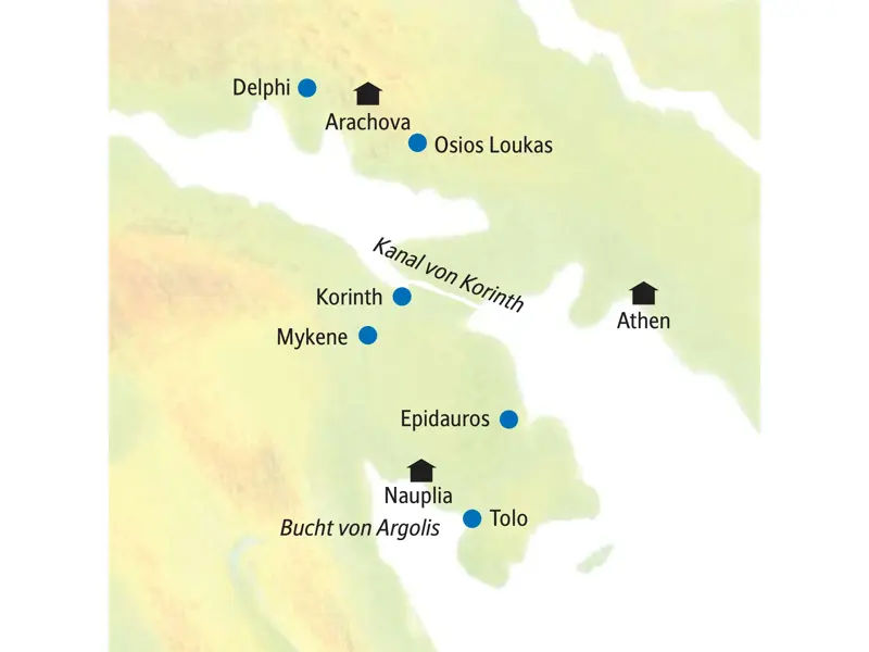 Reiseroute unserer Kleingruppenreise in Griechenland von Athen zu Highlights wie Delphi, Mykene, Epidauros und Nauplia.