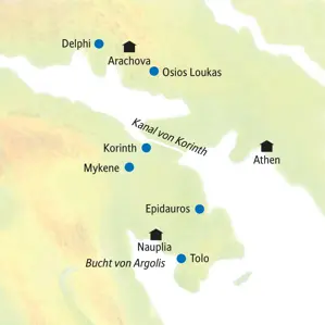 Reiseroute unserer Kleingruppenreise in Griechenland von Athen zu Highlights wie Delphi, Mykene, Epidauros und Nauplia.
